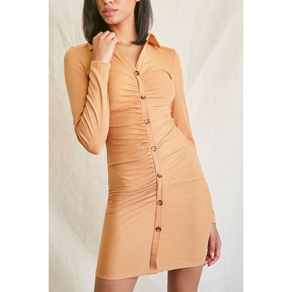 Forever 21 Dress Women Size Small Tan Ruched Ribbed Pullover Bodycon